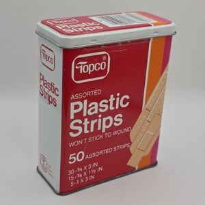 Vintage Topco Assorted Plastic Strips 50 Count Metal Tin First Aid Collectible
